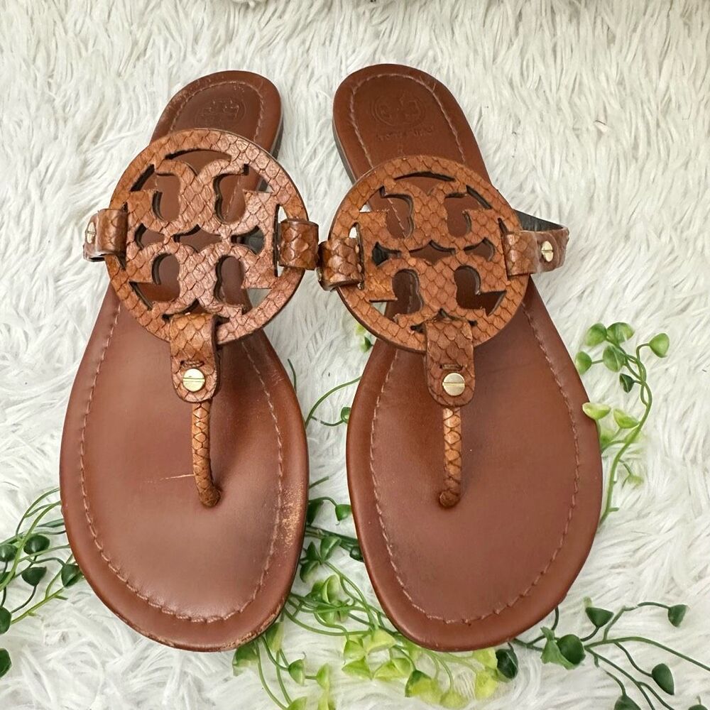 Tory Burch Miller Brown Snake Embossed Leather Logo Slip On flat sandals sz 9M